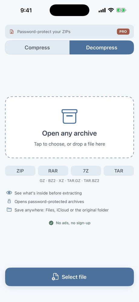 ZIP & RAR Extractor home screen on iPhone