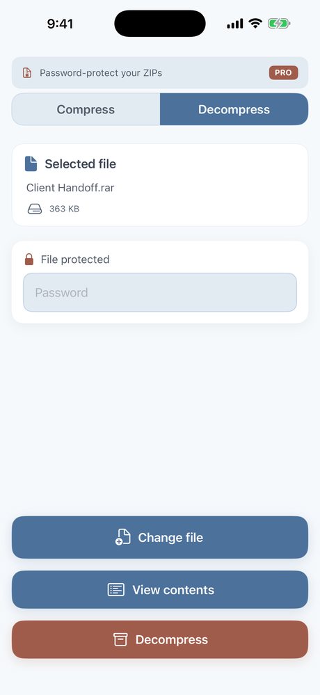 Entering a password to open a protected archive